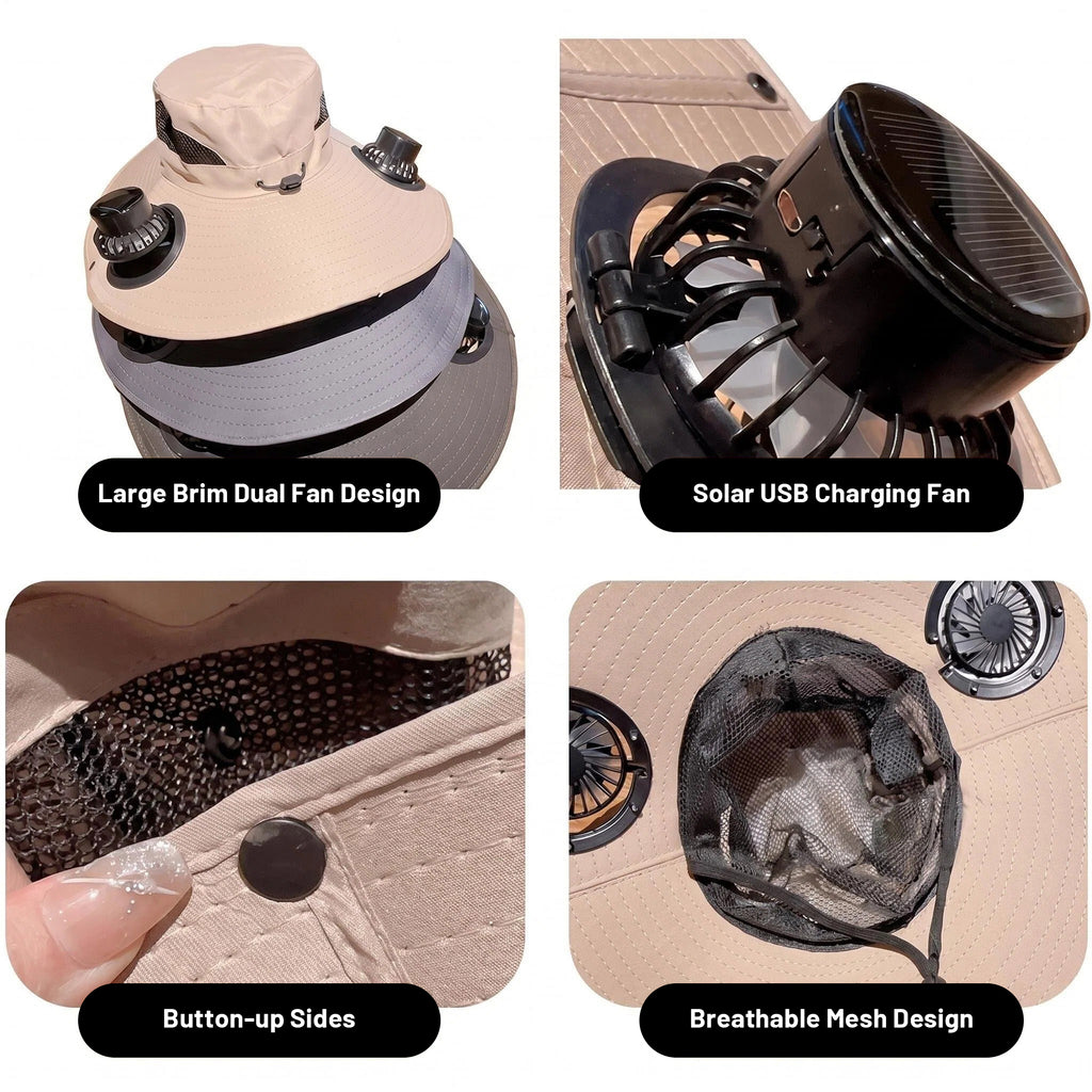 Zengdainm Hat with Fan, Solar Fan Hat, 3-Speed Wind Speed, Big Brim, Breathable and Sweat Proof, Adjustable Fan, USB Charging, Khaki