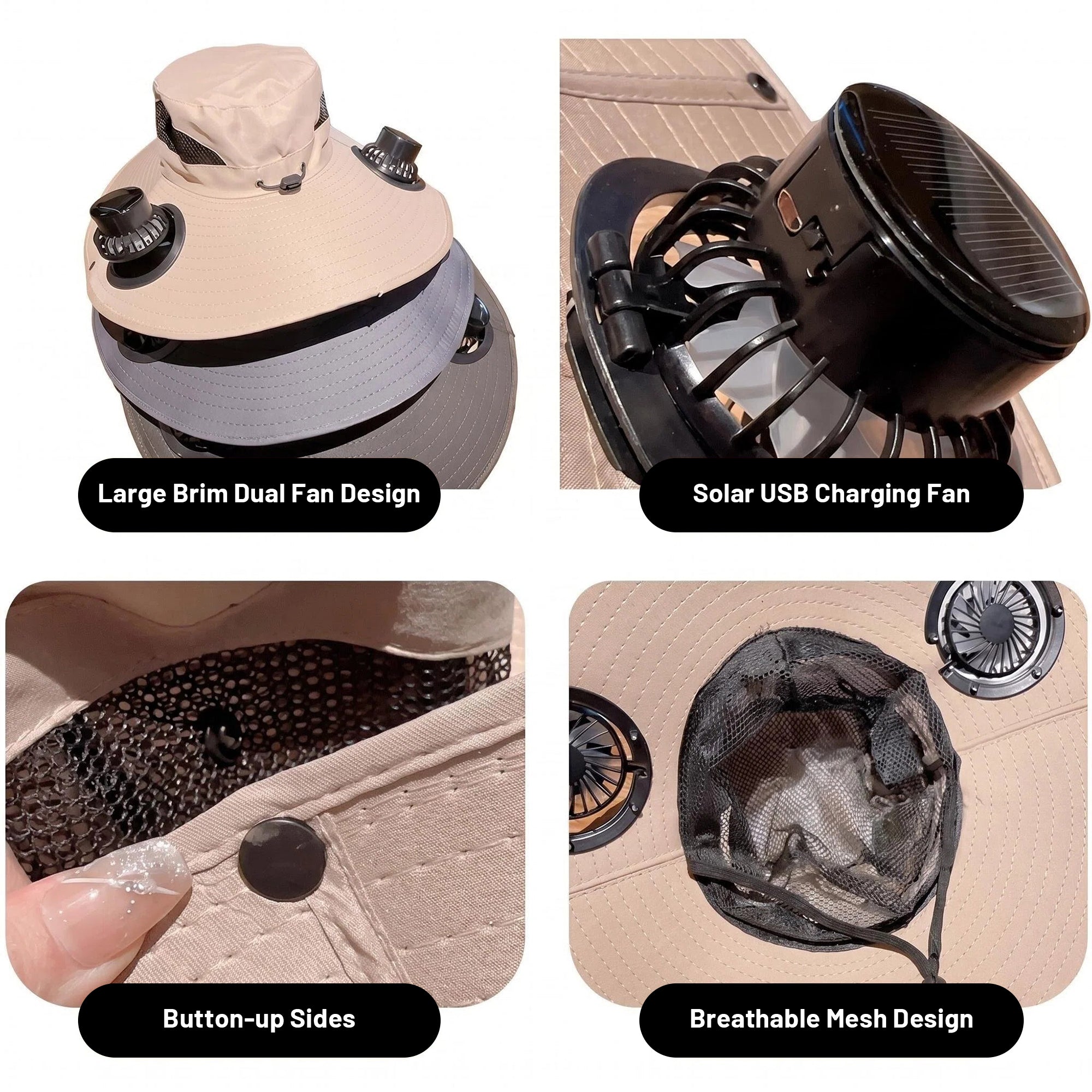 Zengdainm Hat with Fan, Solar Fan Hat, 3-Speed Wind Speed, Big Brim, Breathable and Sweat Proof, Adjustable Fan, USB Charging, Khaki
